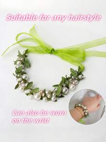 1pc Adjustable Girls Pearl Flower Headband With Ribbon, Multipurpose For Party, Performance, Birthday, School, Photo Shoot - One Size Fits All - View 5