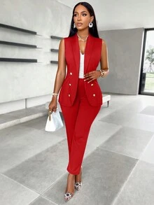 Conjunto de Terno Casual Feminino de Verão com Colete de Botões Duplos e Calças - Vermelho - Visão 5