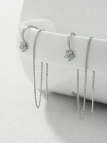 Nooxian 1pair Silver Elegant Minimalist Long Tassel Zirconia Ear Cuff Ear Chain Star Zirconia Earrings For Women - Silver - View 2