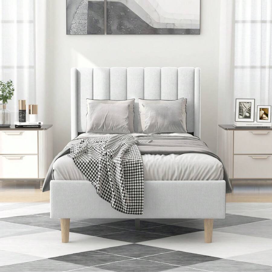 Classic Upholstered Platform Bed Frame With Headboard,Mattress Foundation,Strong Wooden Slats Support,No Box Spring Needed - trắng - Xem 1