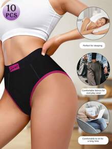 MEIYATING 10 piezas/paquete Pantaletas sin costuras para mujeres, moda de color contrastante, ajuste cómodo, negro