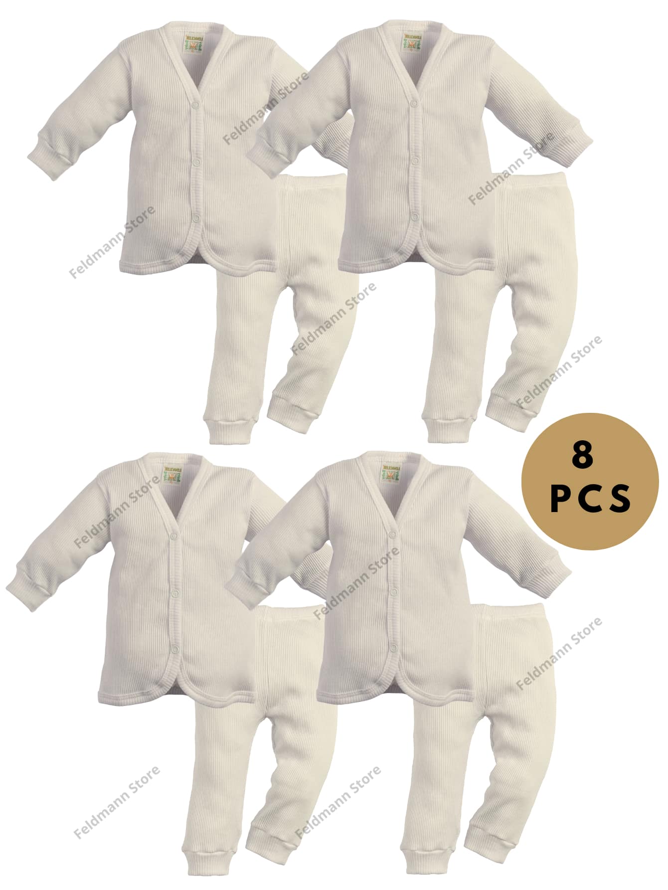 Kit 8 Pieces Of Baby Clothes For Boys And Girls 4 Long Sleeve Cardigan Blouse + 4 Cheap Ribbed Pants/Bags 100% Cotton Assorted - 米色 - 查看 1