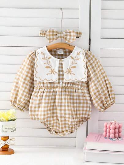 Baby Girls' Fashionable Collar Embroidered Button-Up Bodysuit With Waist Gathering & Plaid Pattern, Includes Hairband (Autumn), For Christmas
