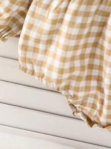 女婴时尚领绣纽扣连体衣，腰部收褶，格子图案，含发带（秋季款），圣诞节礼物 - 卡其色 - 查看 6