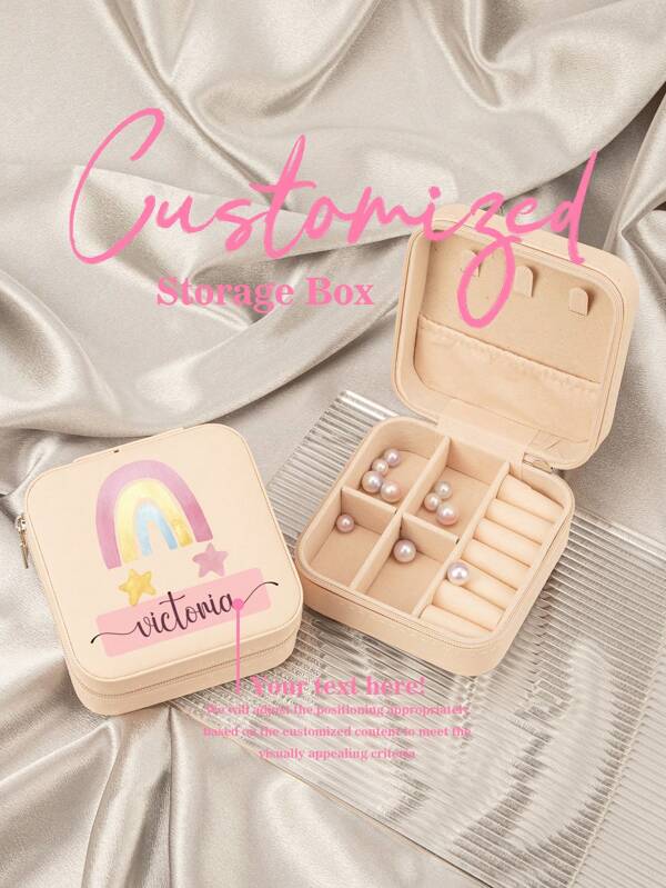 1PC Custom Print: Personalized Name Square Storage Box - Portable PU Jewelry Organizer For Necklaces, Earrings, Rings - Multi-Compartment Travel Storage Case - Ideal Gift For Mother, Aunt, Grandmother, Daughter, Niece, Sister, Friend, Girlfriend, Wife, Bride, Bridesmaid, Godmother, Mom, Mother-In-Law, Colleague On Holidays, Birthdays, Weddings, Mother's Day, Valentine's Day, Christmas, New Year, Teacher's Day, Anniversaries, Graduation, Baby Showers