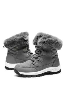 Women's Snow Boots Cozy Warm Insulated Lace Up Mid-Calf Waterproof Walking Hiking Festival Outdoor Grey Boots - 深灰色 - 查看 5