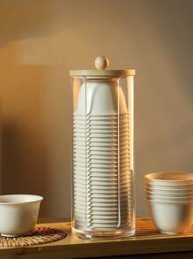 1 Pc, Wood Lid Transparent Teacup Organizer, Rice Husk Disposable Teacup Teacup Storage Utensil Storage Tube, Tea Utensil Storage, Teacup Organizer Back To School - Ginger - View 1