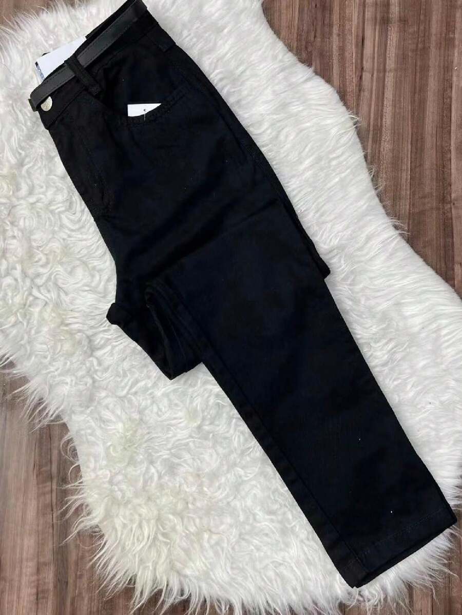 High Waist Mom Jeans With Plain Belt - 黑色 - 查看 1
