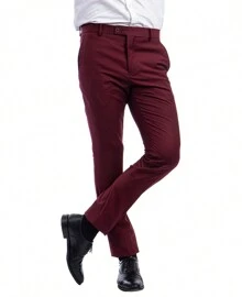 Mens Skinny Fit Solid Open Bottom Dress Pants - 酒紅色 - 查看 4