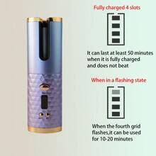 自动卷发棒，无线自动卷发器，陶瓷旋转卷发棒，6档温度设置带定时功能，便携式可充电卷发棒，自动断电，快速加热造型 - 紫色 - 查看 3