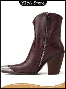 YIYA Engraved Metal Toe Western Boots For Woman Chunky Heel Cowgirl Booties Side Zip Ankle Western Boots - 棕色 - 查看 4