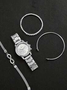 4 Peças Conjunto de Joias com Pulseira e Relógio Feminino de Quartzo, com Mostrador de Escala Numérica Árabe, Pulseira de Aço Inoxidável Prata, Estilo Clássico e Casual, Adequado para Uso Diário, Decoração e Presente para Amigos ou Feriados Atuais