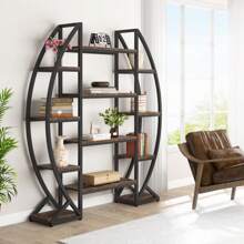LITTLE TREE Oval Bookshelf, Triple Wide 5 Tier Etagere Bookcase, Industrial Display Shelves For Living Room (Brown, 55") - 鏽棕色 - 查看 4