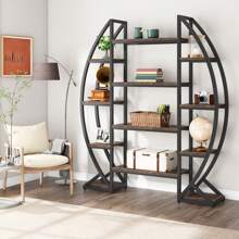 LITTLE TREE Oval Bookshelf, Triple Wide 5 Tier Etagere Bookcase, Industrial Display Shelves For Living Room (Brown, 55") - 鏽棕色 - 查看 3