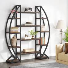LITTLE TREE Oval Bookshelf, Triple Wide 5 Tier Etagere Bookcase, Industrial Display Shelves For Living Room (Brown, 55") - 鏽棕色 - 查看 2