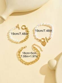 3pcs/Set Faux Pearl Beaded Heart Pendant OT Clasp Bracelet (Avoid Contact With Water) - Yellow Gold - View 5