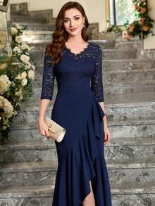 MIUSOL Elegant V Neck Floral Lace Ruffle Evening Party Dress, Formal Prom Gown, For Wedding Guest, Graduation, Dinner - Navy Blue - View 9