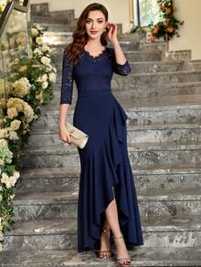 MIUSOL Elegant V Neck Floral Lace Ruffle Evening Party Dress, Formal Prom Gown, For Wedding Guest, Graduation, Dinner - Navy Blue - View 5