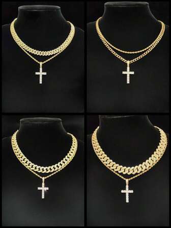 2 件/套：1 件金色方晶锆石吊坠和 1 件全水钻链，男女通用时尚嘻哈/朋克复古项链适合日常佩戴或派对，4 种款式可选