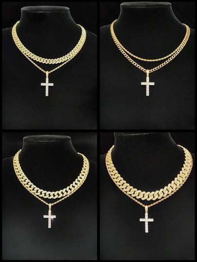 2 件/套：1 件金色方晶锆石吊坠和 1 件全水钻链，男女通用时尚嘻哈/朋克复古项链适合日常佩戴或派对，4 种款式可选