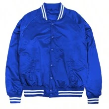 Men Solid Varsity Bomber Jacket Waterproof Fall Winter Summer Lightweight All Season Striped Trim Slant Pockets Baseball Jacket Snap Button - Royal Blue - View 2