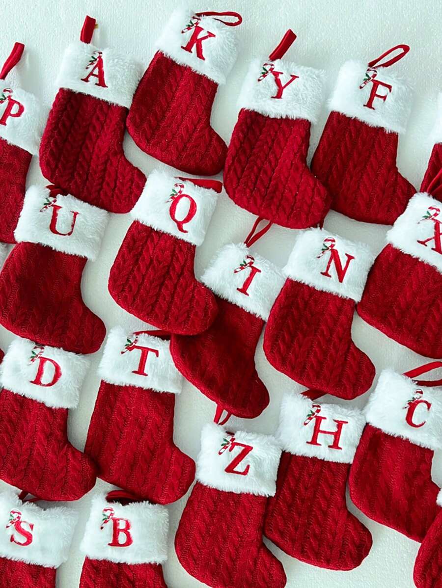 1 件圣诞袜针织红色雪花字母圣诞装饰家居圣诞树装饰礼物，圣诞节 - 紅色 - 查看 1