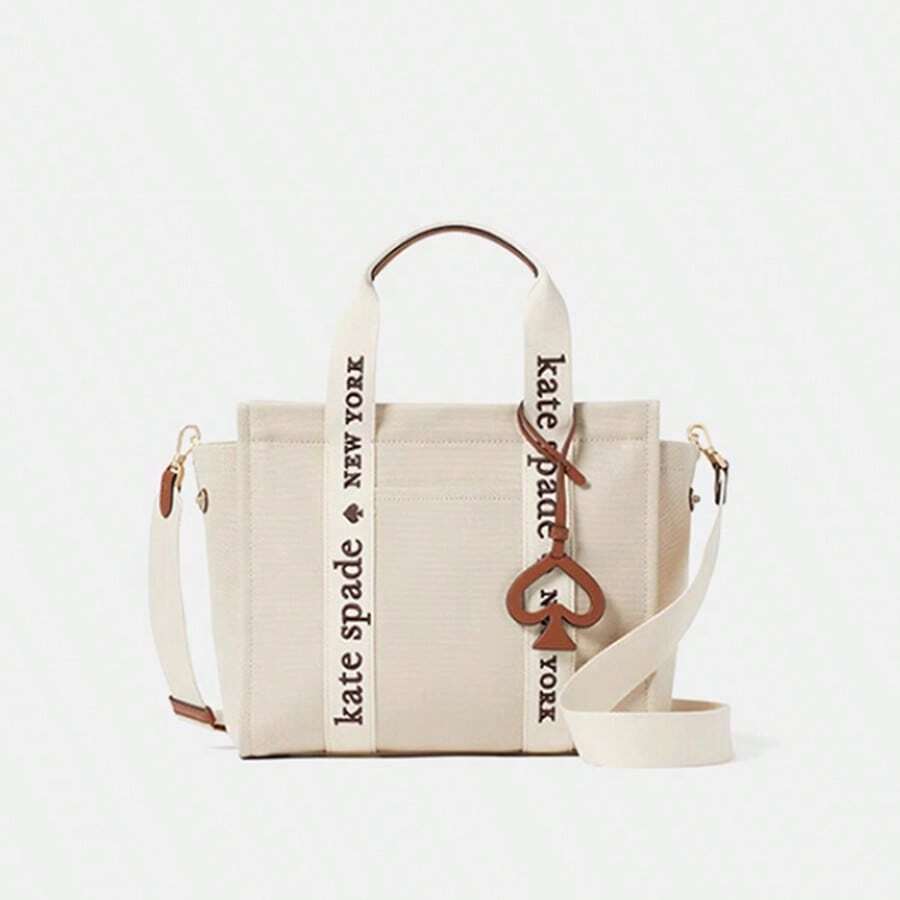 Kate Spade Plenty Tote Bag Canvas Leather Crossbody Bag,Small Satchel Shoulder Purse,Top Handle Handbag With Cute Heart Decor,Zip Closure,KH489960 - Beige - View 1