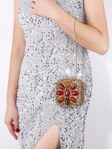 Miel New Style Rhinestone Embellished Party Clutch, Agate Stone Daily Use Handbag (Not Suitable For Holding Smartphones) - Gold - View 1