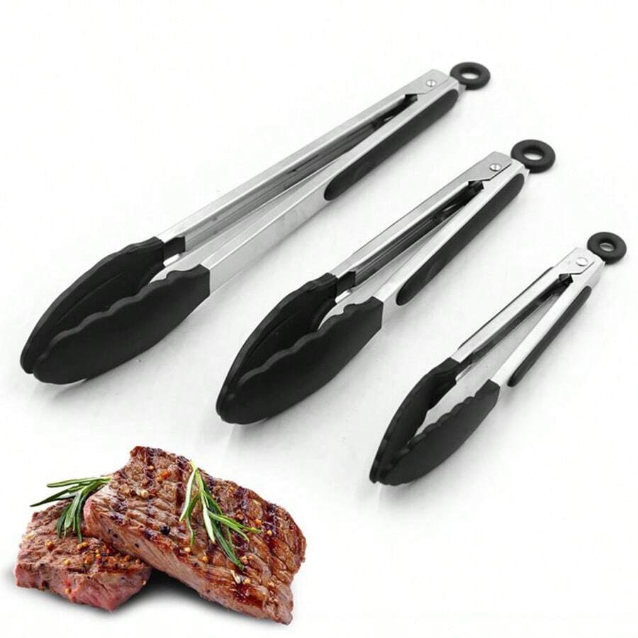 Red/Black Multi-Size Silicone Food Tongs, Kitchen Food Tongs, Stainless Steel Kitchen Grill Tongs, Steak, Bread, Heat Proof Grill Tongs. - One Size - View 1