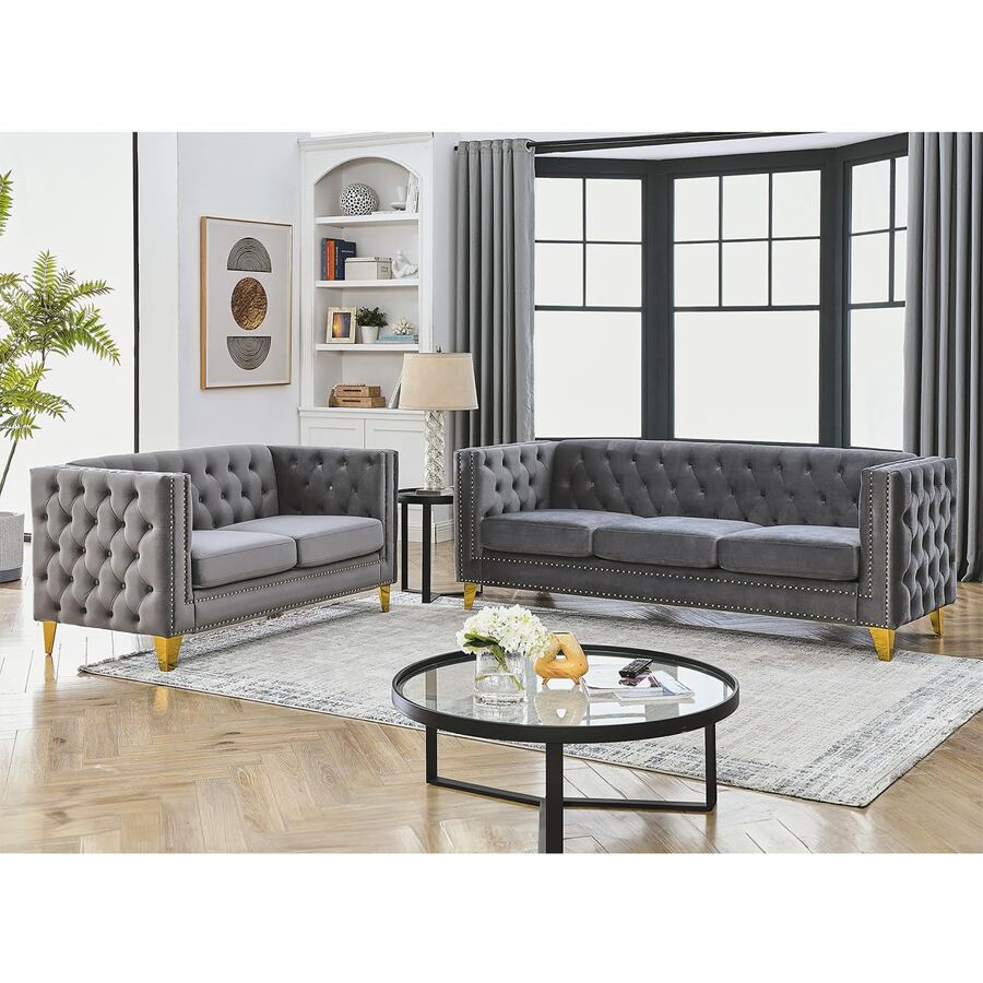 Velvet Living Room Sofa Set Of 2, Comfy Loveseat And 3 Seater Couch, Modern Sofa With Tufted Back And Rivet Decoration, Upholstered Long Couch With Solid Golden Metal Tapered Legs For Apartment, Office - 灰色 - 查看 1