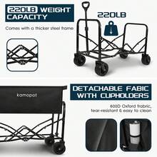 Collapsible Wagon Cart,Foldable Beach Wagon, Folding Wagon For Sand.Utility Cart For Yard/Sports.220lb Heavy Duty W/Cupholders & Big DIY Wheels (Black) - 4-wide-wheel Dark Blue - View 11