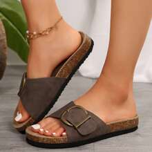 Lazy And Fashionable Women's Cork Strap Summer Beach Sandals With Golden Buckle - Casual Adjustable Leisure Sandals For Women - 棕色 - 查看 7