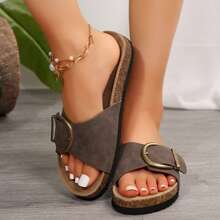 Lazy And Fashionable Women's Cork Strap Summer Beach Sandals With Golden Buckle - Casual Adjustable Leisure Sandals For Women - 棕色 - 查看 5