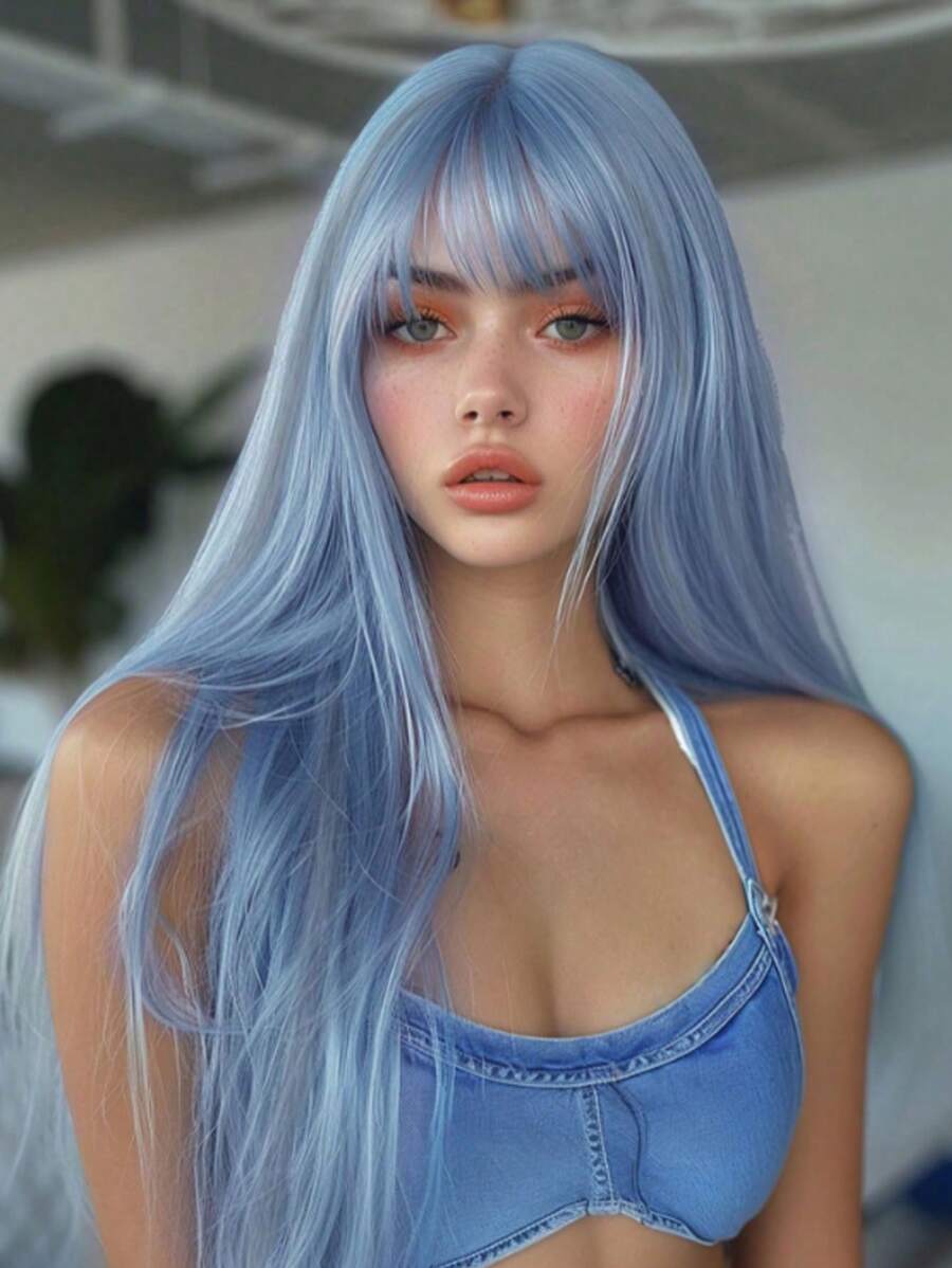 Jednoczęściowy styl codzienny 26 cali Modny niebieski Długie proste Peruka syntetyczna Z grzywką Odporność na wysokie temperatury Damskie Codzienny Impreza Peruka cosplay Peruka szkolna