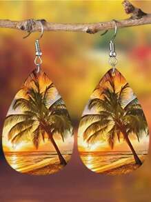 1pc Creative Life Tree Heart Design Women's Earrings With Double-Sided Waterdrop Shaped Artificial Leather Dangle, Fashionable And Unique Ear Jewelry For Festival And Suitable For Women Valentines