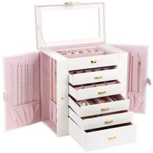 Extra Large Jewelry Box For Women, Jewelry Case PU Leather(Black), 6 Tier 5 Drawers Large Storage Capacity With Mirror Jewelry Storage Organizer Great Gift Also Good For Watches - Black - View 9