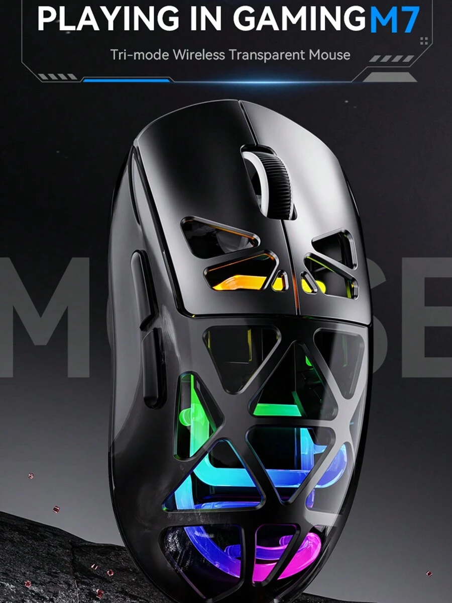 2.4G/BT/有线三模半透明外壳水冷RGB照明，500mAh可充电电池，Type-C，朋克机械美学设计，轻巧机身，5 DPI可调兼容Windows / IOS / Android平台，适用于笔记本电脑和台式机 - 多色 - 查看 1