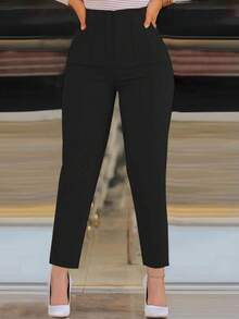 女士休闲高腰纯色褶皱裤