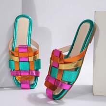 Women's Stylish Colorblocked Square Toe Sandals - Perfect Summer Wear With Flat Woven Hollow Half Slipper Design - 藍色 - 查看 1