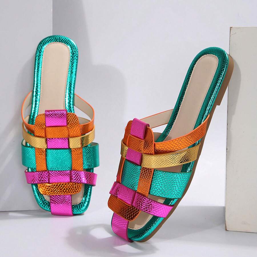 Women's Stylish Colorblocked Square Toe Sandals - Perfect Summer Wear With Flat Woven Hollow Half Slipper Design - 藍色 - 查看 1