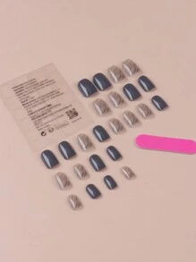 24 件短方形灰色微妙大理石纹按压指甲，光泽丙烯酸假指甲，带不对称条纹装饰设计，全覆盖假指甲套装，美甲用品，让您魅力四射 - 彩色 - 查看 4