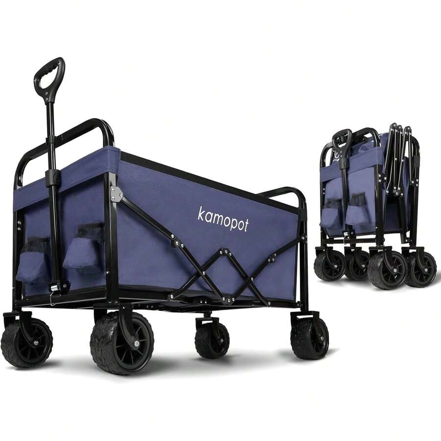 Collapsible Wagon Cart,Foldable Beach Wagon, Folding Wagon For Sand.Utility Cart For Yard/Sports.220lb Heavy Duty W/Cupholders & Big DIY Wheels (Black) - 4-wide-wheel Dark Blue - View 1