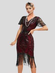 1920s Vintage Fringe Bodycon Cocktail Dress, Sequin Party Gown - Burgundy - View 4
