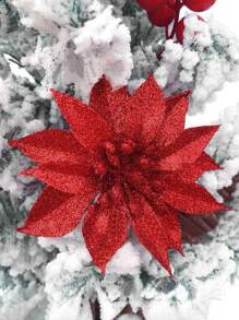 Set de 10 piezas/20 piezas/1 pieza Flores artificiales con brillo para decorar el árbol de Navidad (con clips), guirnalda floral brillante para corona de Navidad DIY para fiesta, decoración navideña, adecuado para boda, fiesta de Navidad, San Valentín, regalo - Rojo - Ver 6