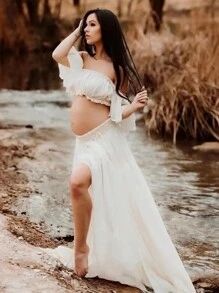 两件套孕妇装，雪纺无肩带荷叶袖上衣，开衩裙，适合拍照、迎婴派对及其他场合。 - 白色 - 查看 7