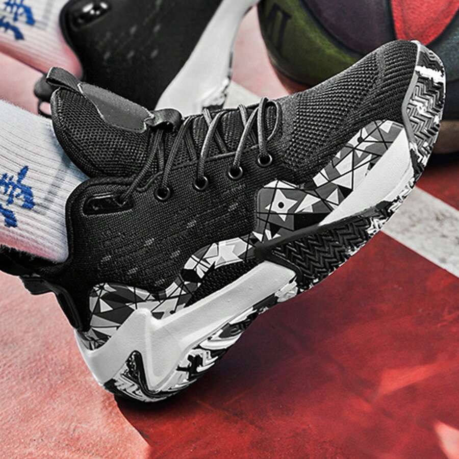 Men's Basketball Shoes - Camo Training Shoes With Shock Absorbent Tech & Non-Slip Soles. Breathable Mesh For Superior Comfort. - Black and White - View 1