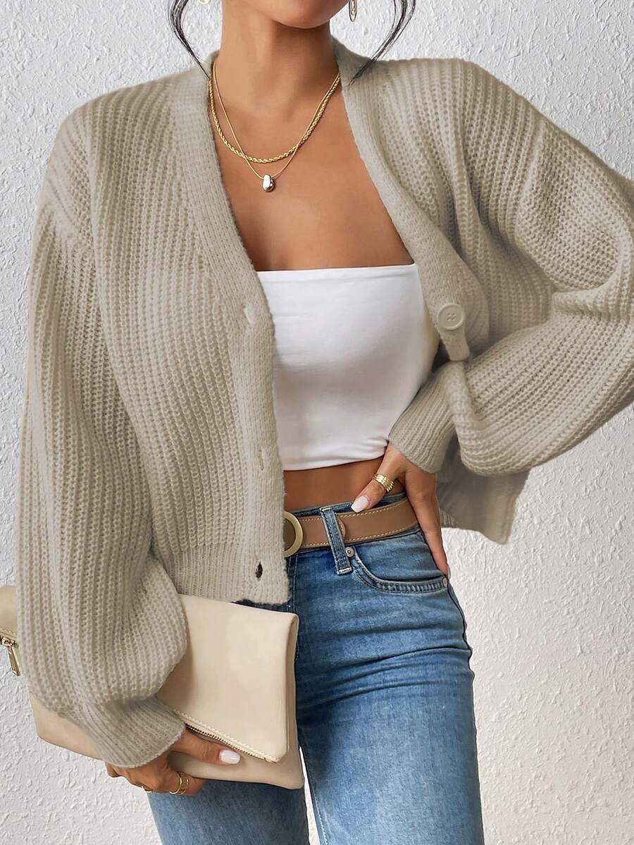 Áo len cardigan dệt kim cổ chữ V màu trơn thời trang mới cho nữ, áo dài tay - Màu Khaki - Xem 1