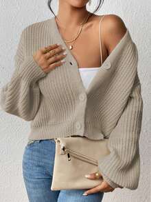 Áo len cardigan dệt kim cổ chữ V màu trơn thời trang mới cho nữ, áo dài tay - Màu Khaki - Xem 3