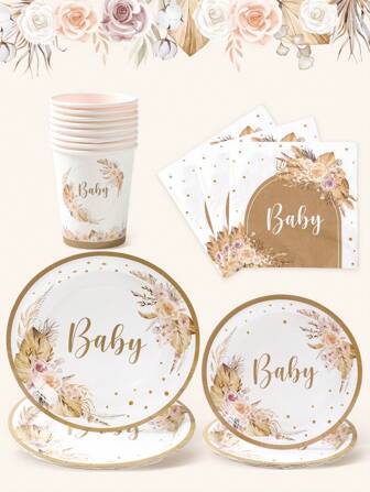 1Series Boho Hey Ba By Theme Disposable Tableware Set, Welcome Babe Party Decoration Paper Cutlery For Birthday Decor, Babe Shower Decor Gender Reveal Decor Kitchen Decor, Birthday Gifts Party Decor, Including 8pcs 7inch&9inch Paper Plates Food Container, Kitchen Food Tray Cake Tray & 16pcs Napkins & 8pcs Cups, Party Favor Party Tableware Set Supplies