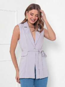 Women's Tailored Vest With Belt - 淺灰色 - 查看 4